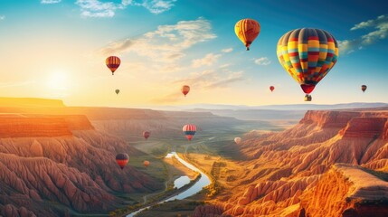 a group of hot air balloons flying over a canyon - obrazy, fototapety, plakaty