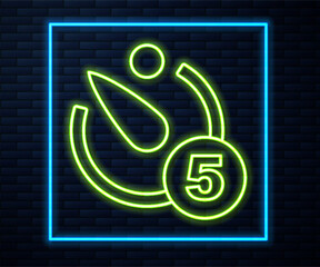 Glowing neon line Camera timer icon isolated on brick wall background. Photo exposure. Stopwatch timer 5 seconds. Vector
