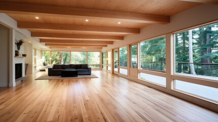 a large living room with a wood floor and large windows