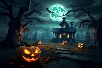Halloween pumpkins Devil on dry rice straw in Horrow Halloween night. Generative AI.