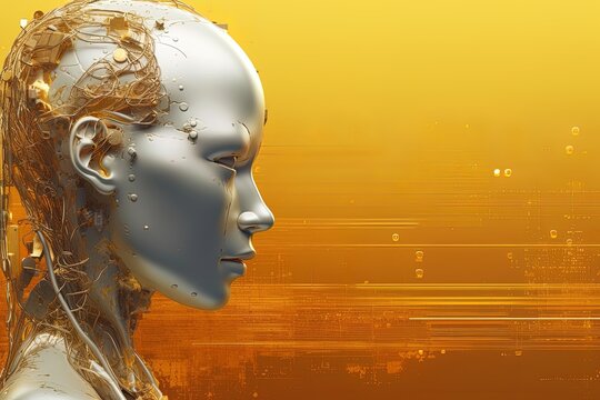 Female AI robot, cyborg face on data golden background. Data processed by humanlike artificial intelligence. Futurology, sci-fi, fantasy, transhumanism, future, technology in humanlike mannequin.