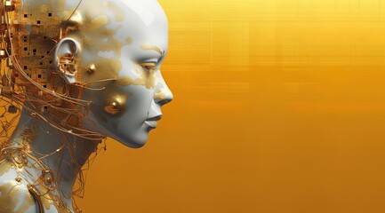 Female AI robot, cyborg face on data golden background. Data processed by humanlike artificial intelligence. Futurology, sci-fi, fantasy, transhumanism, future, technology in humanlike mannequin.