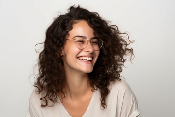 Happy satisfied woman, wearing glasses, white background,, 4k resolution