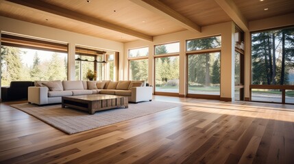 a large living room with a large wood floor - obrazy, fototapety, plakaty