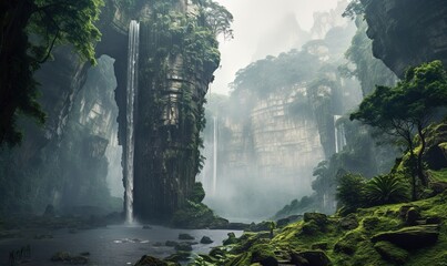  a waterfall in the middle of a forest filled with trees.  generative ai