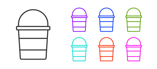Black line Fire bucket icon isolated on white background. Metal bucket empty or with water for fire fighting. Set icons colorful. Vector