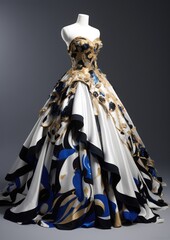a mannequin wearing a dress with World of Wearable Art in the background