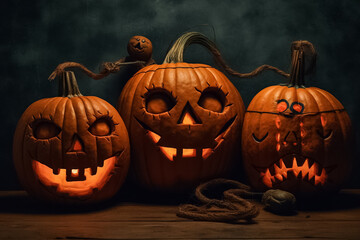 Halloween pumpkins Devil on dry rice straw in Horrow Halloween night. Generative AI.