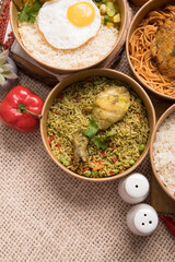 Arroz con pollo green rice with chicken Food buffet peruvian table Assorted dishes gourmet cuisine Peru traditional 