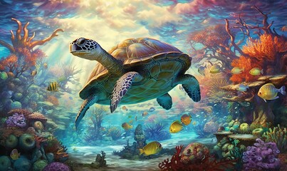 a painting of a turtle swimming in a coral reef with fish.  generative ai