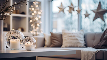 Stylish Christmas scandinavian minimalistic interior with white decor.