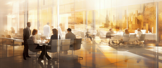 Abstract Business Art, Blurred Businessman and Businesswoman in a Businessmeeting, Yellow and White Image - Generative Ai 