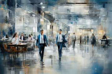 Abstract Business Art, blurred Businessman and Businesswoman, Blue and White Image - Generative Ai 