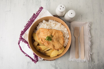 Chicken fillet with french fries Food buffet peruvian table Assorted dishes gourmet cuisine Peru traditional 