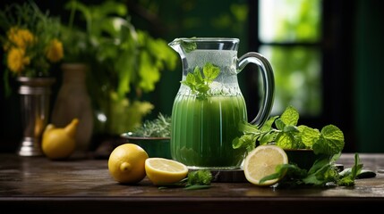 a pitcher of green liquid next to lemons and mint.  generative ai