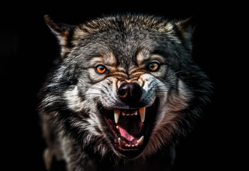 Wolf zeigt drohend seine Reißzähne - Wolfporträt vor dunklem Hintergrund. Generative AI.