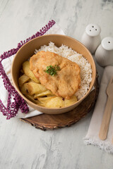 Chicken fillet with french fries Food buffet peruvian table Assorted dishes gourmet cuisine Peru traditional 