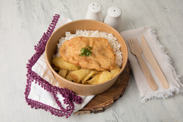 Chicken fillet with french fries Food buffet peruvian table Assorted dishes gourmet cuisine Peru traditional 