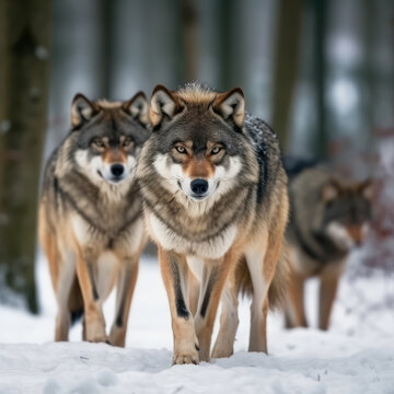 Ein hungriges Wolfsrudel im Schnee auf der Suche nach Beute. Generative AI.