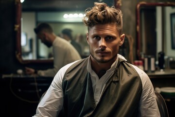 a handsome model man with a beard in the hairdresser barbershop salon gets a new haircut trim and style it. sitting on the chair and talks to the hairstylist barber. guy looks forward. Generative AI