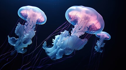  a group of jellyfish floating in the ocean together on a black background.  generative ai