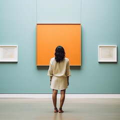 a woman looking at a painting