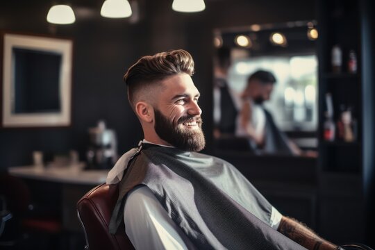 a handsome model man with a beard in the hairdresser barbershop salon gets a new haircut trim and style it. sitting on the chair and talks to the hairstylist barber. guy smiling. Generative AI