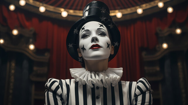 Person in mime costume and makeup wearing a black top hat looking stoic while they await the starting of a their performance.