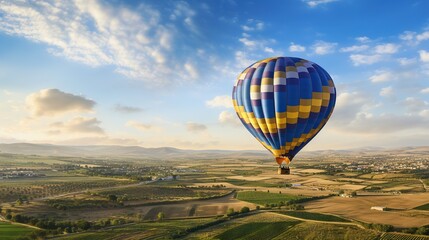  a hot air balloon flying over a lush green countryside under a blue sky.  generative ai