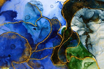 Alcohol ink abstract marble art with gold leaf foil with blue and black