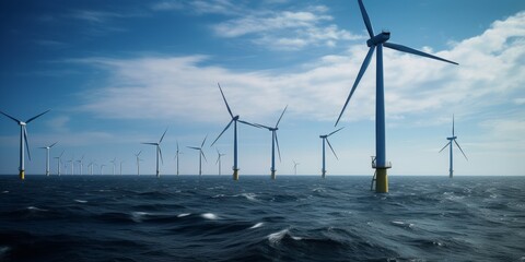 Offshore Windpark Amidst a Stunning European Coastline, Embracing Green Energy Inspiration. - obrazy, fototapety, plakaty