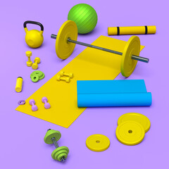 Isometric view of sport equipment like kettlebell, fitness ball and yoga mat