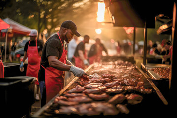 Barbecue competition at a food festival, with grill master tending to meat on the grill
