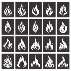 Flat Vector Black and White Fire Flame Silhouette Icon Set. Campfire Shape Sign, Isolated. Bonfire Collection