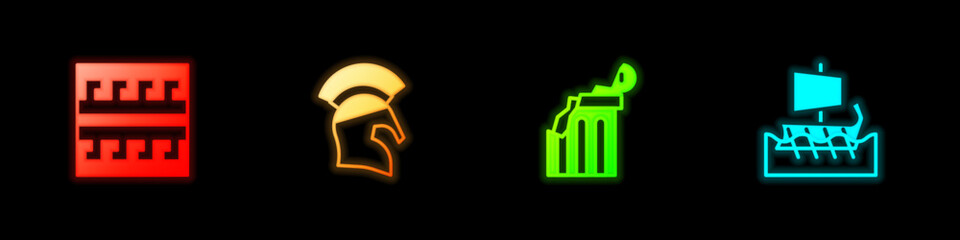 Set Ancient Greek pattern, helmet, Broken ancient column and trireme icon. Vector