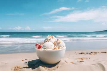 Fototapeta na wymiar Milk ice cream balls in a bowl stand on the beach on the sand. Sunny day, summer dessert concept, Seashore, blue water.
