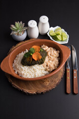 Seco con carne beef stew with white rice and beansFood buffet peruvian table Assorted dishes gourmet cuisine Peru traditional 