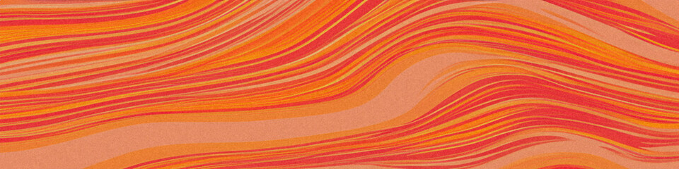 Orange red fluid waves gradient background. Silk satin. Drapery, curtain. Folds. Shiny fabric. Glow glitter neon electric light metallic. Line stripe. Wide web banner.