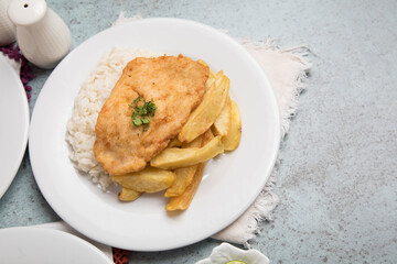 Chicken fillet with french fries Food buffet peruvian table Assorted dishes gourmet cuisine Peru traditional 