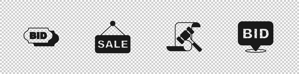 Set Bid, Price tag with Sale, Auction hammer and icon. Vector