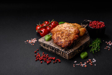 Delicious fresh fried minced chicken meat cutlets with salt, spices and herbs