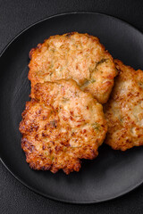 Delicious fresh fried minced chicken meat cutlets with salt, spices and herbs