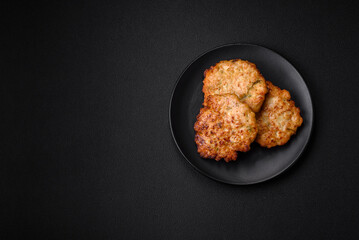 Delicious fresh fried minced chicken meat cutlets with salt, spices and herbs