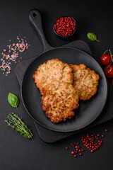 Delicious fresh fried minced chicken meat cutlets with salt, spices and herbs