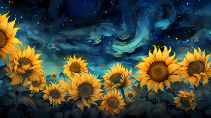 hand drawn cartoon sunflower illustration under the starry sky

