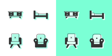 Set Armchair, TV table stand, and Bed icon. Vector