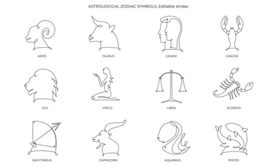 Astrological zodiac constellation one single hand drawing continues line symbols set. Vector stock illustration pack isolated on white background. Editable stroke line. © l.v.l