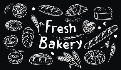 Fresh Bakery.Banner with pastries and lettering.Bread,baguette,buns,croissant,donut and other products.Background with Line Art of food for bakery or cafe.Vector  illustration white elements on black.