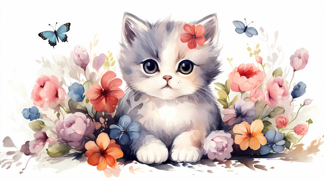 hand drawn cartoon cute kitten illustration
