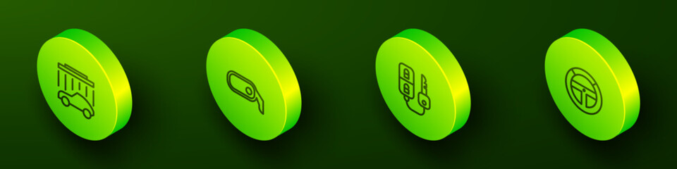 Set Isometric line Car wash, rearview mirror, key with remote and Steering wheel icon. Vector